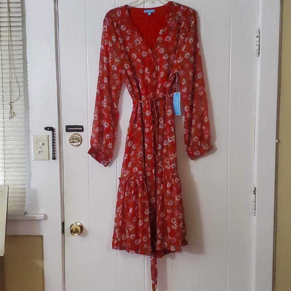 Draper James RSVP - Long Sleeve Button Front Dress in Red Multi, Size XL